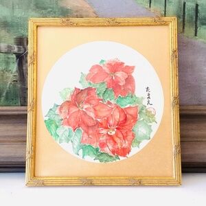 Poinsettia Watercolor Original Oriental Art Signed Circular Mat Gold Frame